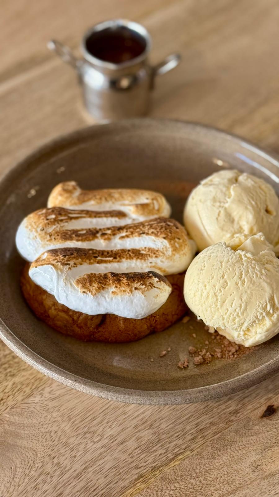 Warm s'more cookie dessert with marshmallow and ice cream, made to order in Christchurch